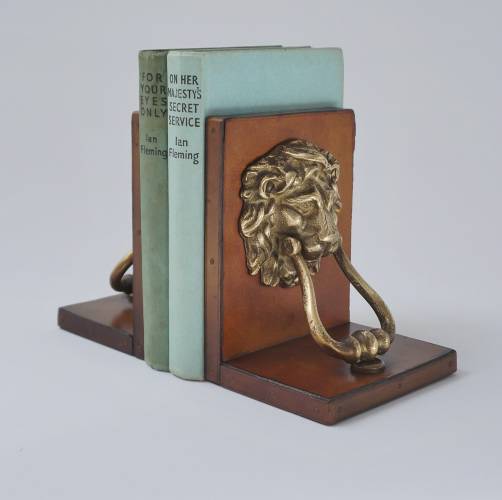 Pair vintage lion bookends, solid brass & leather, 1950`s ca, English